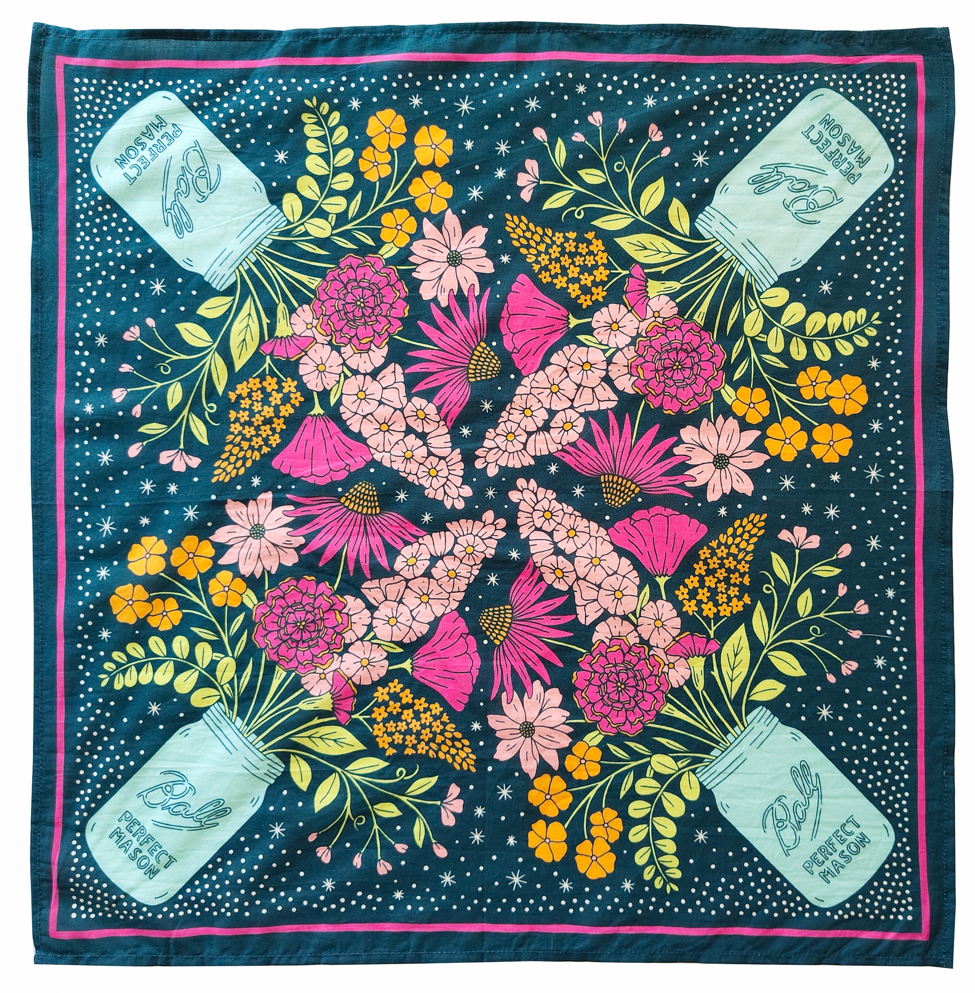 Dark Teal Blue and Hot Pink Mason Jar Bandana