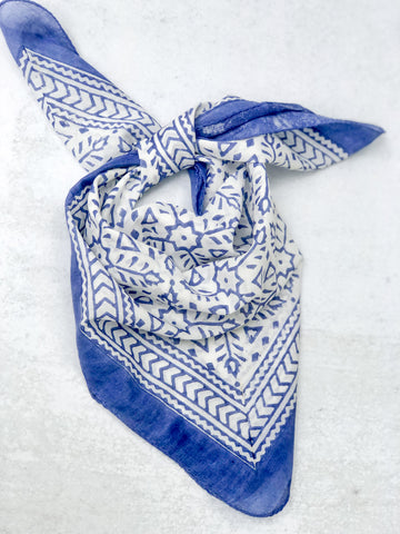 Handmade Block Print Blue and White Geometric Cotton Bandana