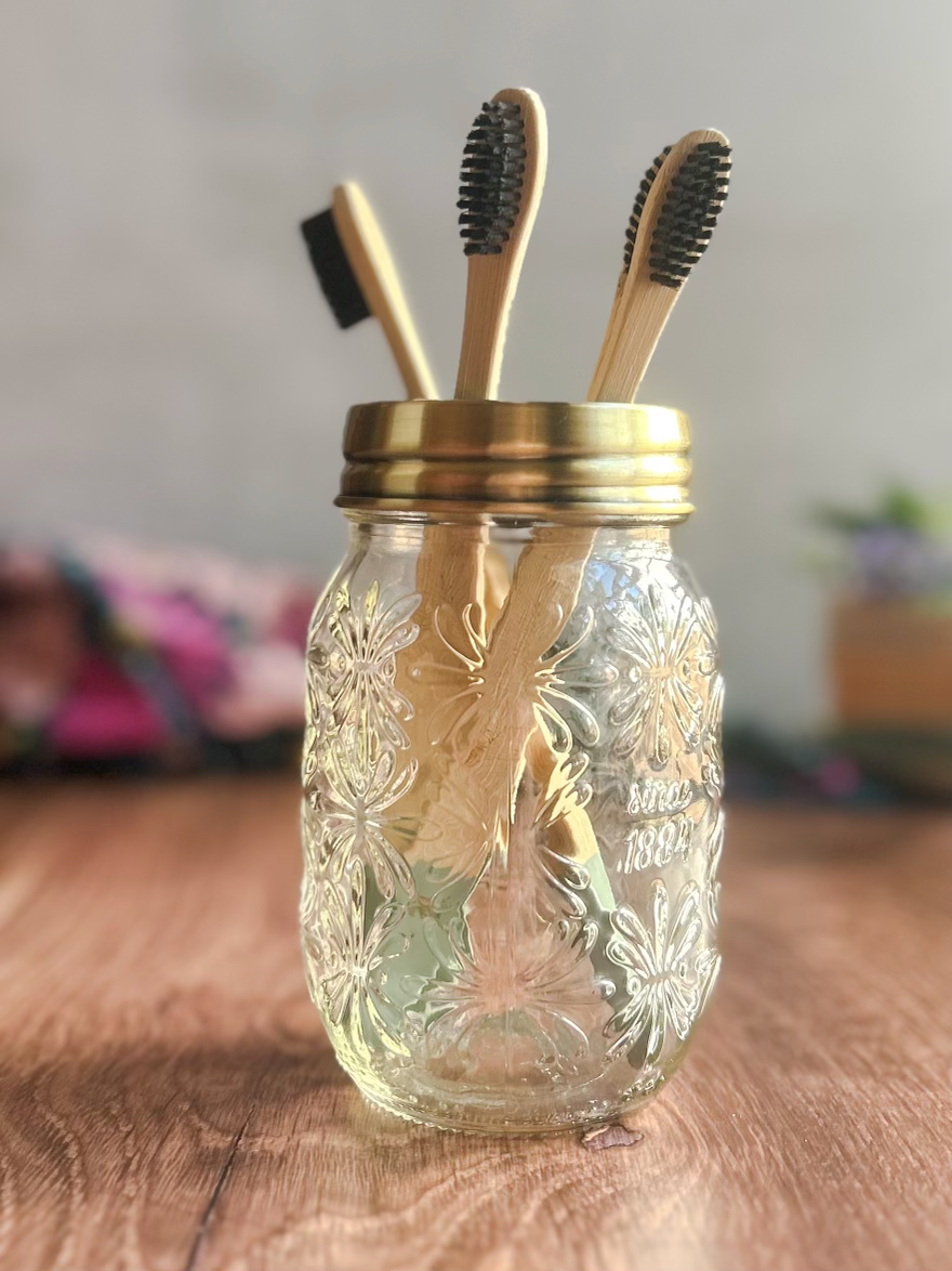 Decorative Finish Stainless Steel Toothbrush Holder Lid for Mason Jars (Regular Mouth)