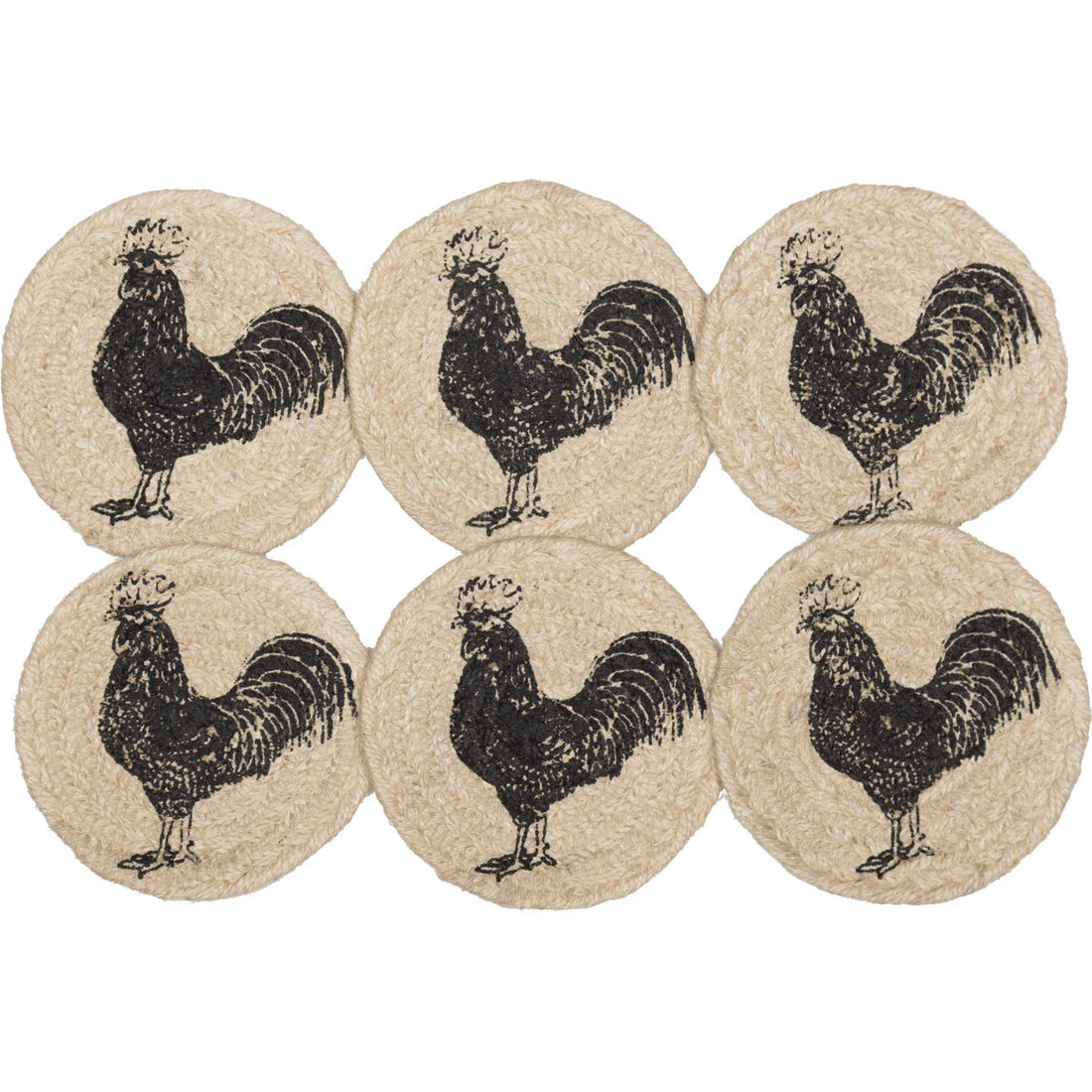 Charcoal Rooster 4 Inch Jute Coaster Set of 6