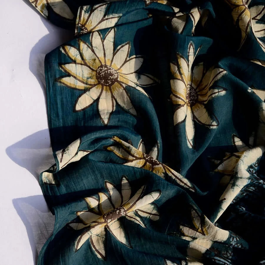 La Joie Handmade Block Print Green Cotton Silk Large Scarf | Ichcha