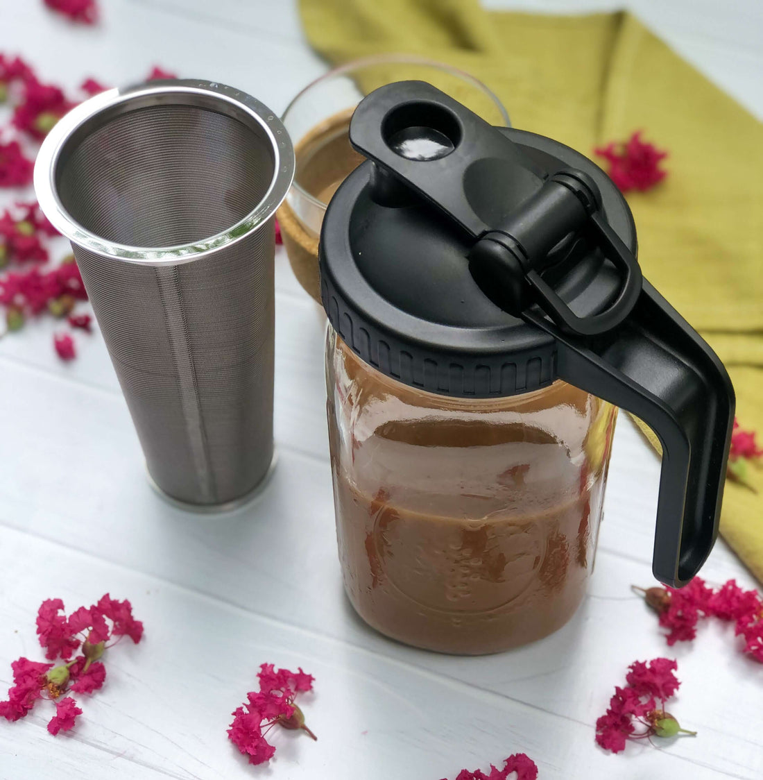 1L Cold Brew Cup with Filter Ring Handle Hand-brewed Coffee Hand-ground  Filter Cup Fine Mesh Strainer Dripping Coffee Maker