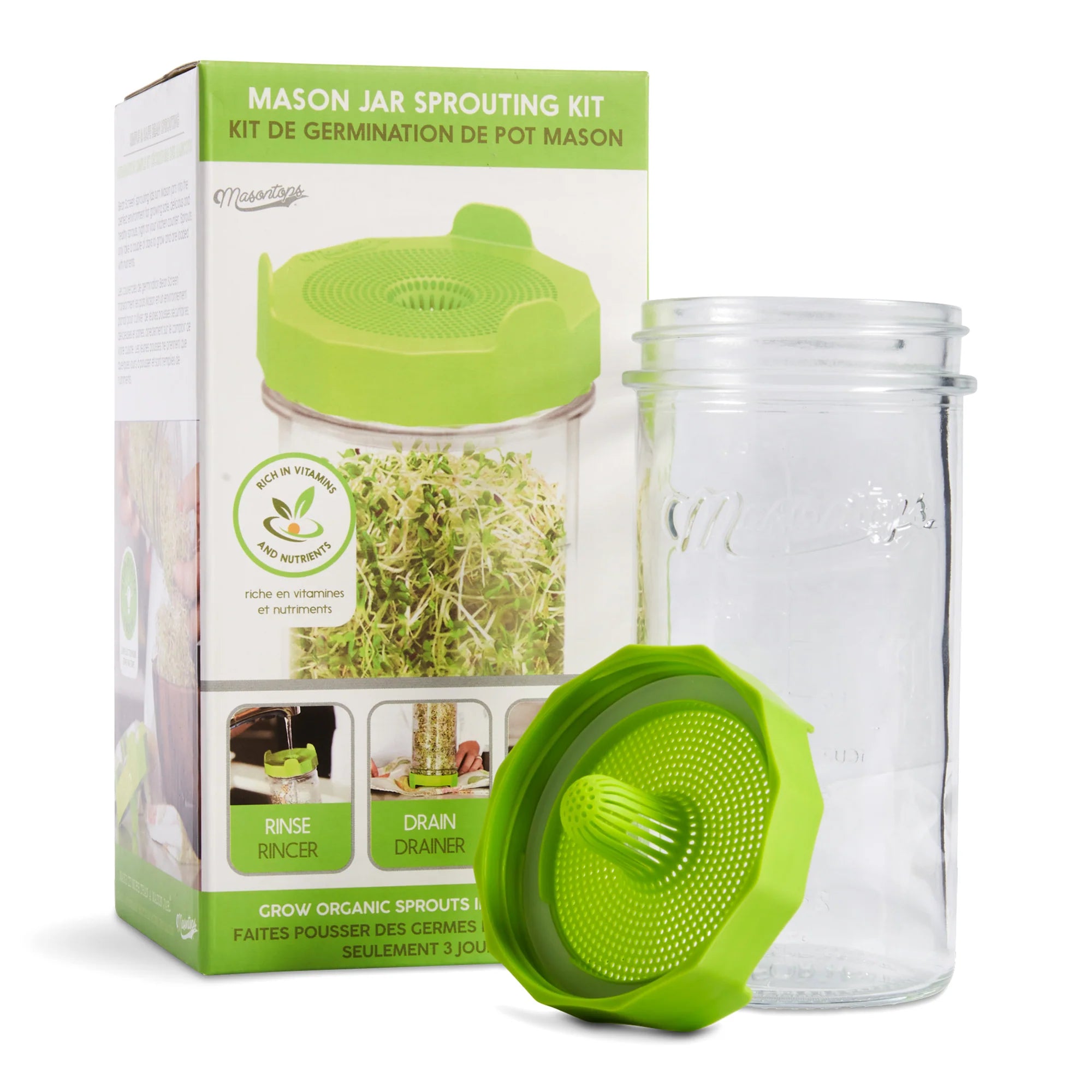 Rust Free Mason Jar Sprouting Kit With Jar, Screen, & Seeds