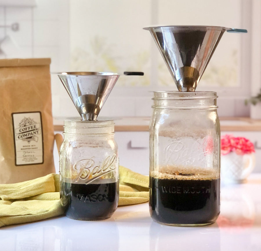 pour over titanium coffee filter for mason jars with coffee dripping