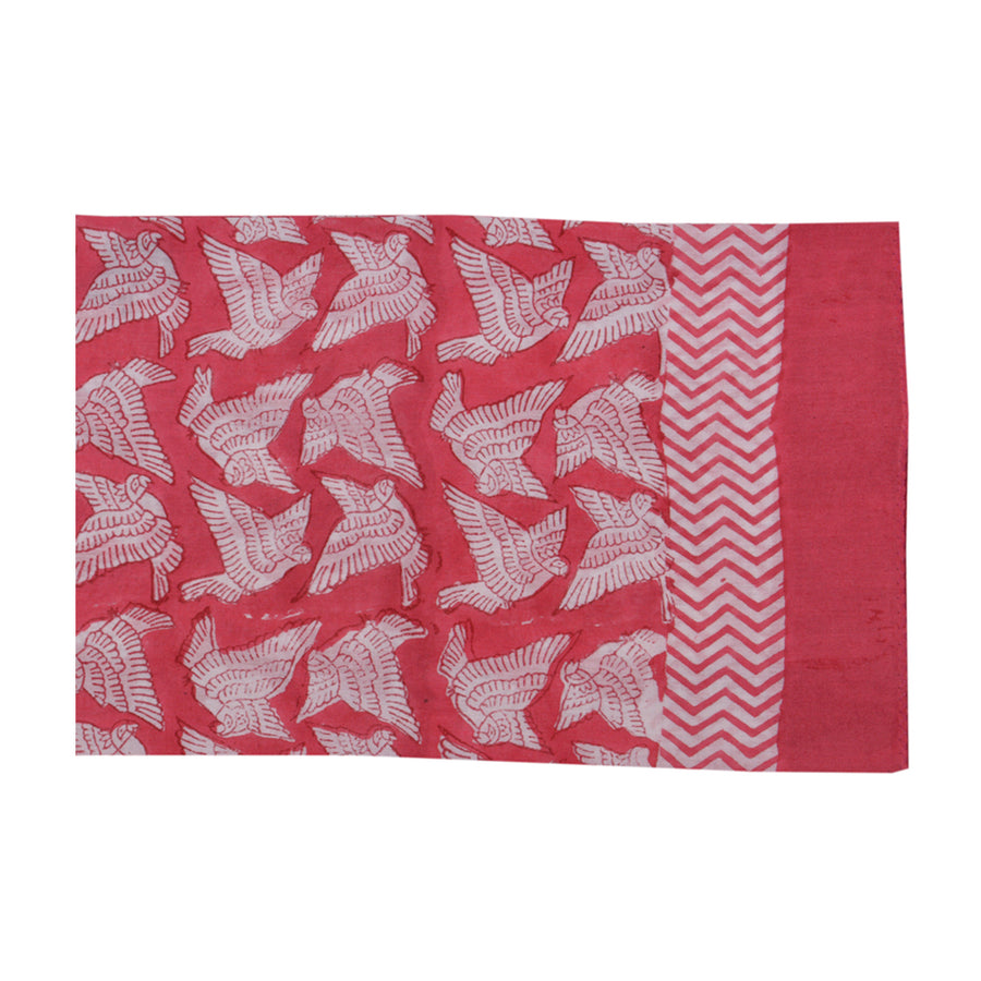 Handmade Red Cotton Block Print Scarf with Bird Print