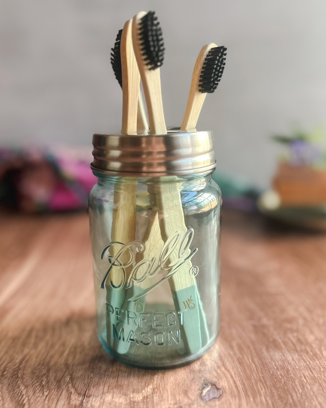 Decorative Finish Stainless Steel Toothbrush Holder Lid for Mason Jars (Regular Mouth)