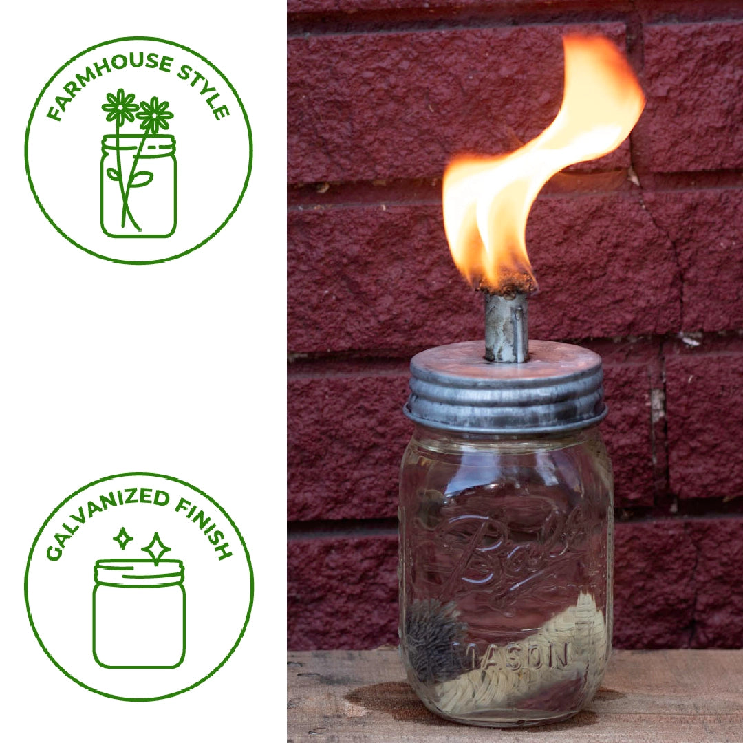 Tiki Torch Oil Lamp Lid in Galvanized Metal for Regular Mouth Mason Jars (Jar Not Included)