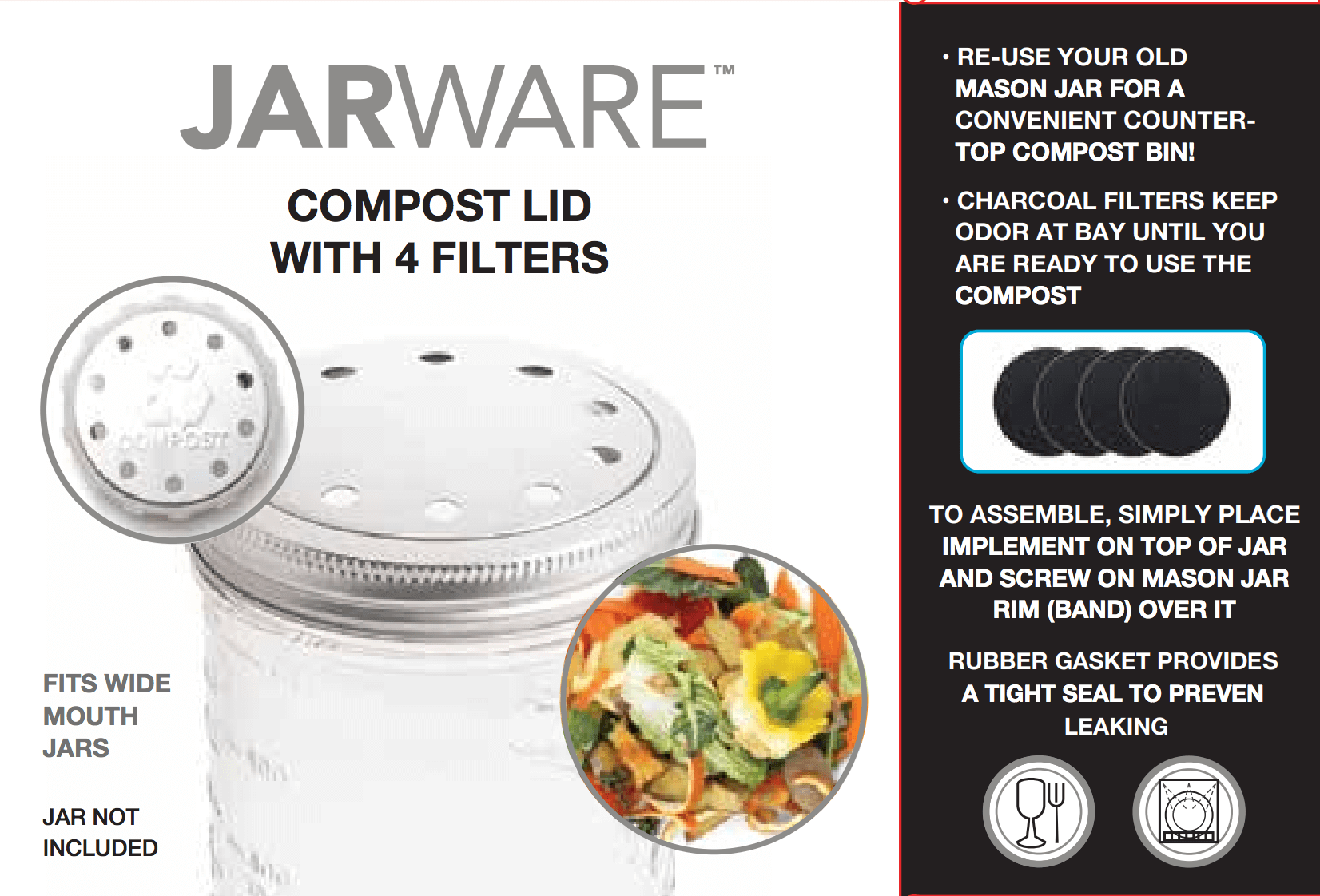 Compost Lid Insert for Wide Mouth Mason Jars (Ring/Jar Not Included) | Jarware